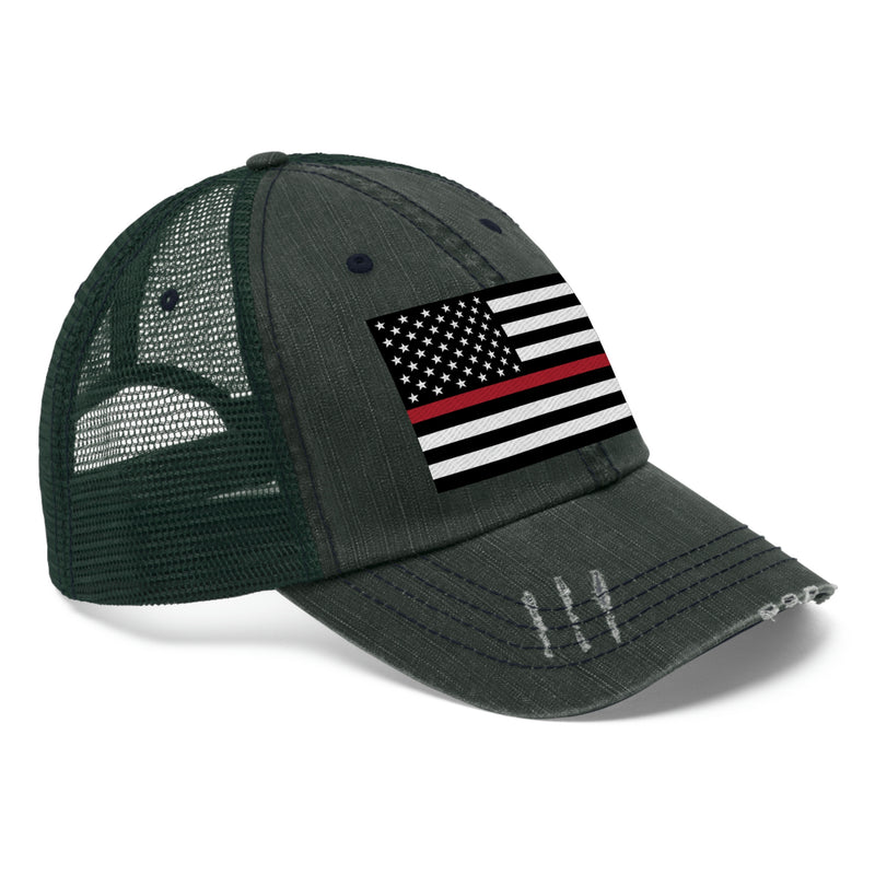 Thin Red Line Flag Distressed Unisex Trucker Hat (Embroidered Flag)