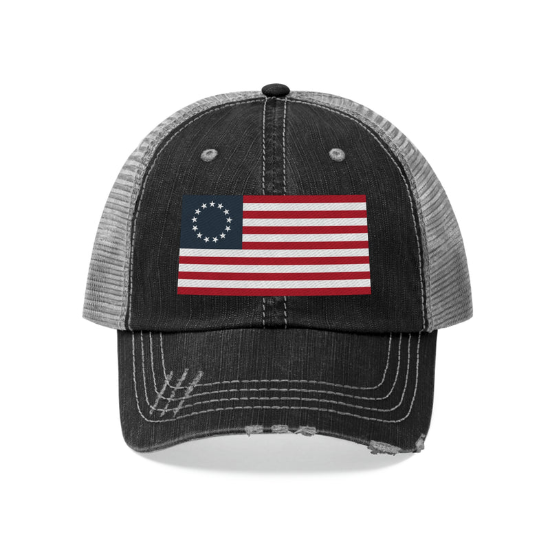 Betsy Ross Flag Distressed Unisex Trucker Hat (Embroidered Flag)