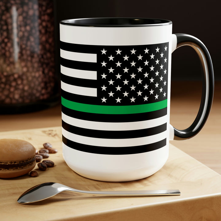 Two-Tone Thin Green Line Flag Coffee Mugs, 15oz