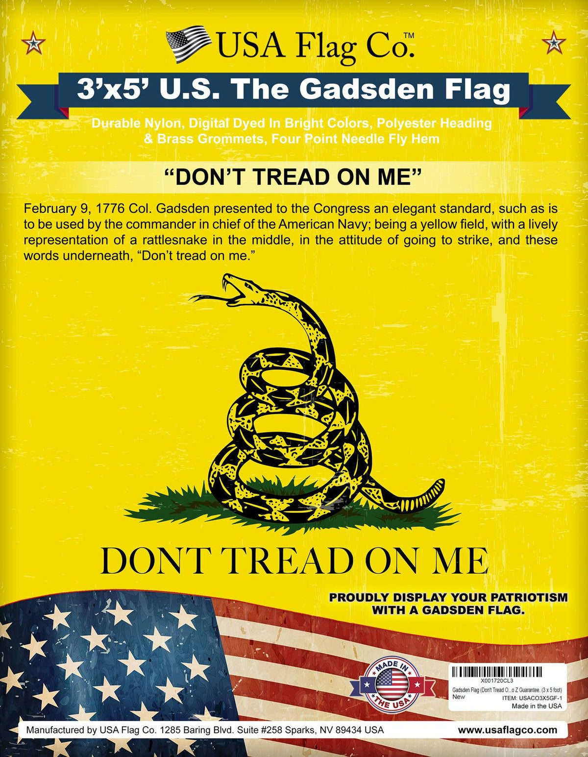 G128 Gadsden Don't Tread On Me Flag | 3x5 Ft | ToughWeave Series Embroidered 300D Polyester | Historical Flag, Embroidered Design, Indoor/Outdoor, Brass Grommets G128 Gadsden Don't Tread On Me Flag | 3x5 Ft | ToughWeave Series Embroidered 300D Polyester | Historical Flag, Embroidered Design, Indoor/Outdoor, Brass Grommets
