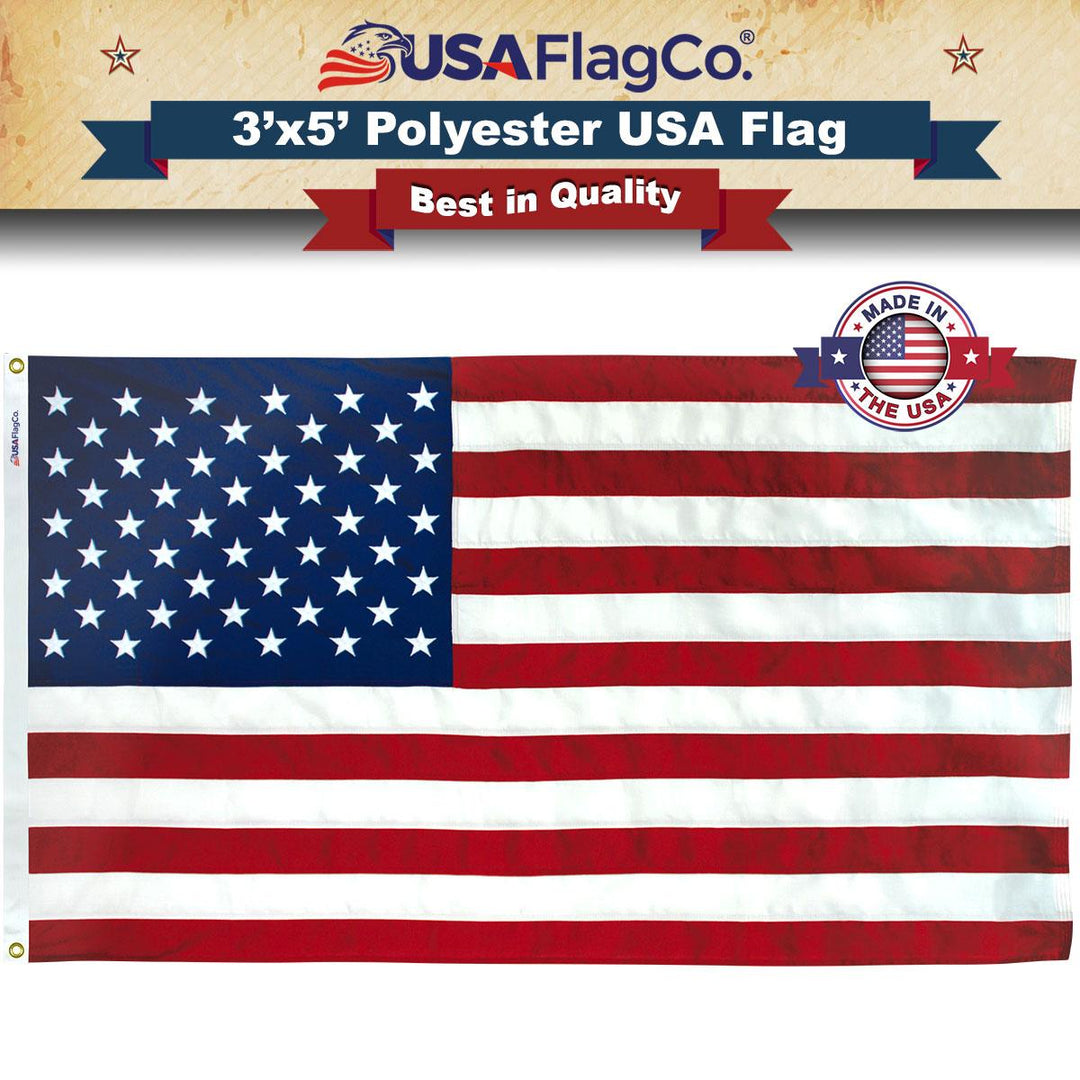 Polyester US Flag (3x5 foot) Embroidered Stars & Sewn Stripes - USA Flag Co.