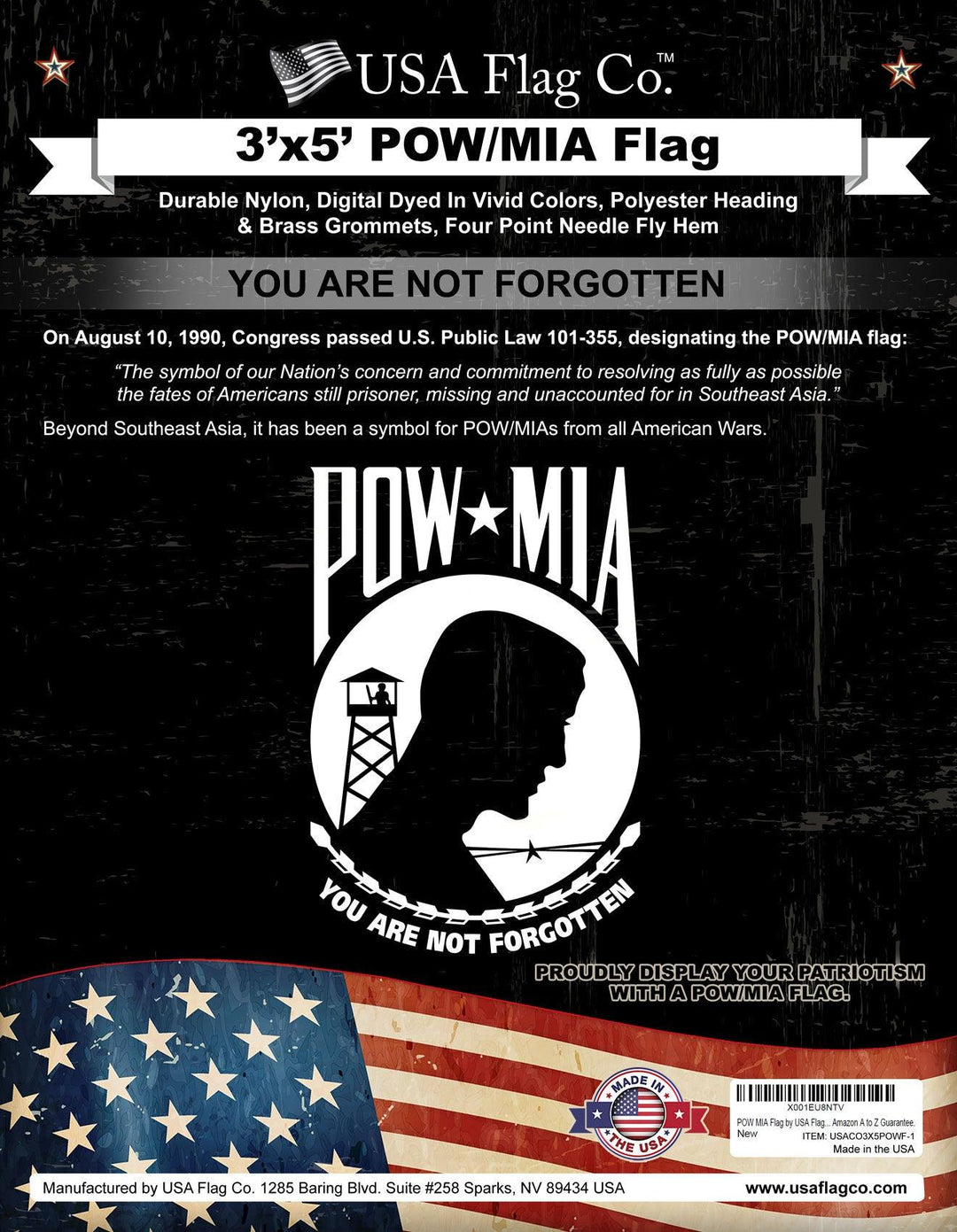 Single Reverse Nylon POW-MIA Flag 3x5 USA Flag - Main Image