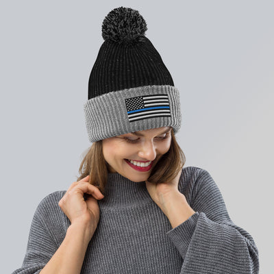 Pom-Pom Beanie - Thin Blue Line Flag (Embroidered Flag)