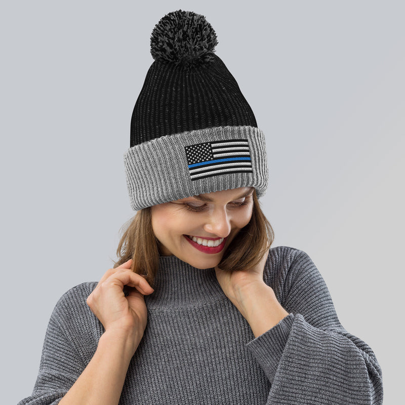 Pom-Pom Beanie - Thin Blue Line Flag (Embroidered Flag)