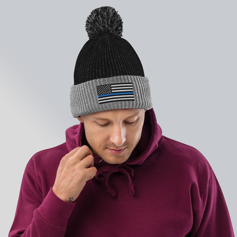 Pom-Pom Beanie - Thin Blue Line Flag (Embroidered Flag)