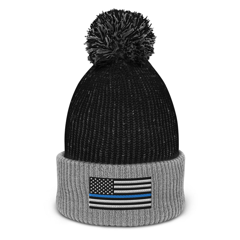 Pom-Pom Beanie - Thin Blue Line Flag (Embroidered Flag)