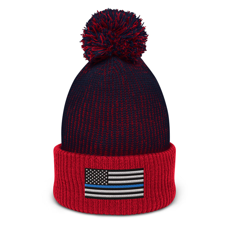 Pom-Pom Beanie - Thin Blue Line Flag (Embroidered Flag)