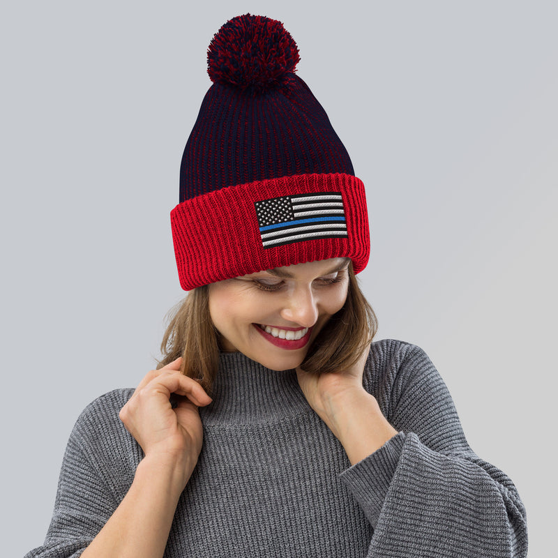 Pom-Pom Beanie - Thin Blue Line Flag (Embroidered Flag)