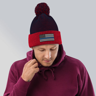Pom-Pom Beanie - Thin Blue Line Flag (Embroidered Flag)