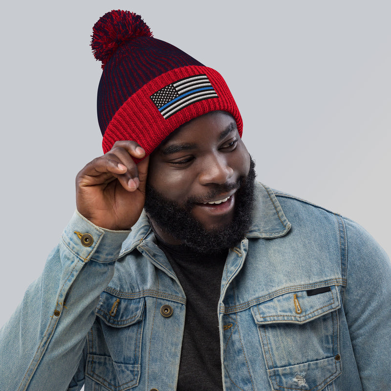Pom-Pom Beanie - Thin Blue Line Flag (Embroidered Flag)