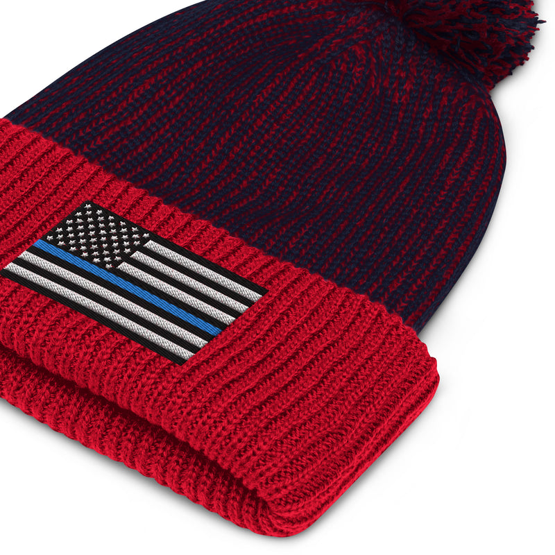 Pom-Pom Beanie - Thin Blue Line Flag (Embroidered Flag)