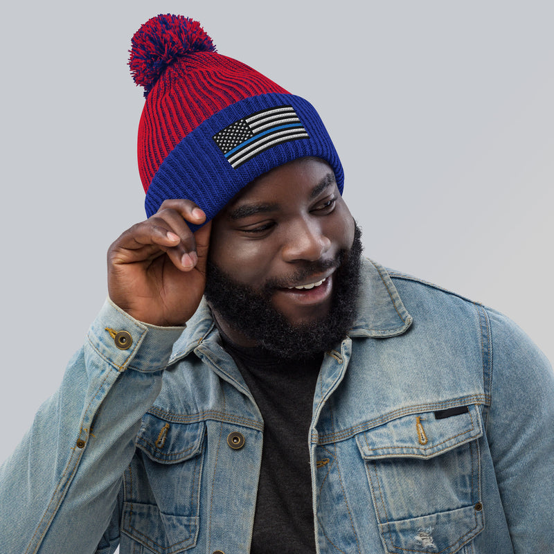 Pom Pom Beanie - Thin Blue Line Flag by USA Flag Co.