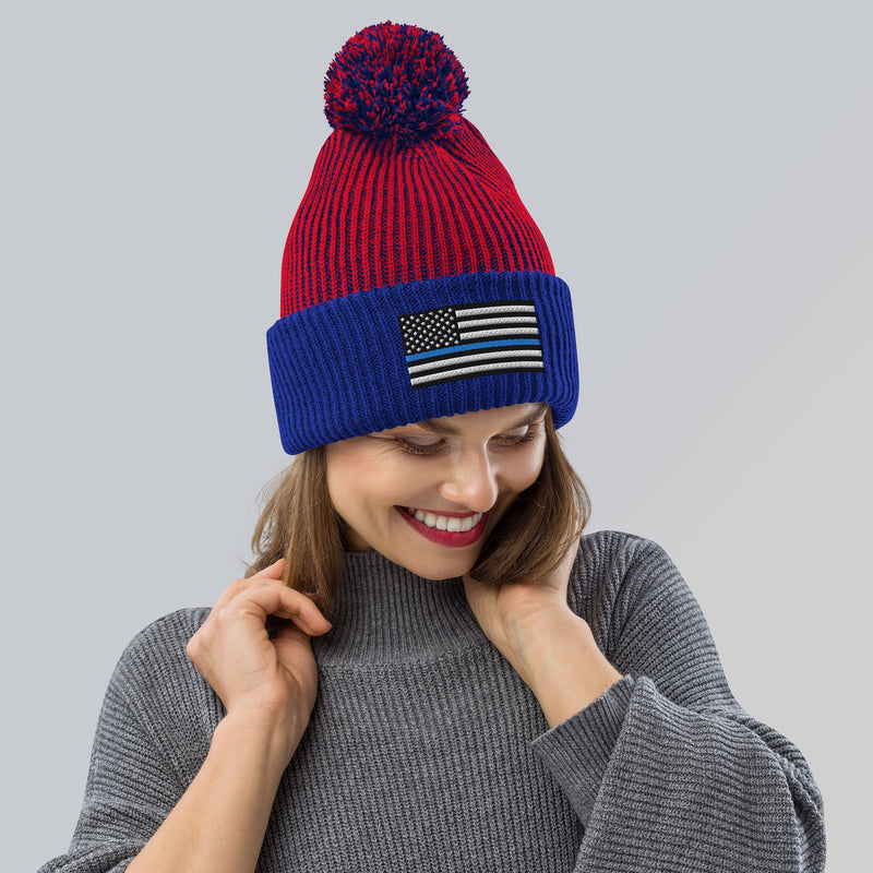 Pom-Pom Beanie - Thin Blue Line Flag (Embroidered Flag)