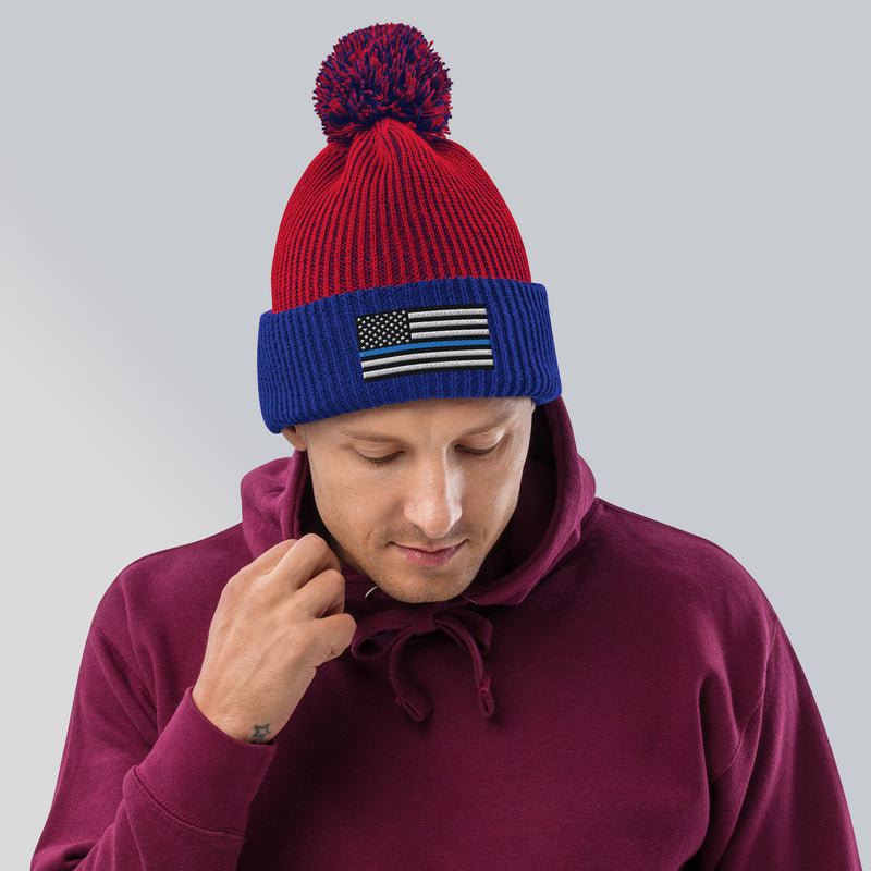Pom-Pom Beanie - Thin Blue Line Flag (Embroidered Flag)