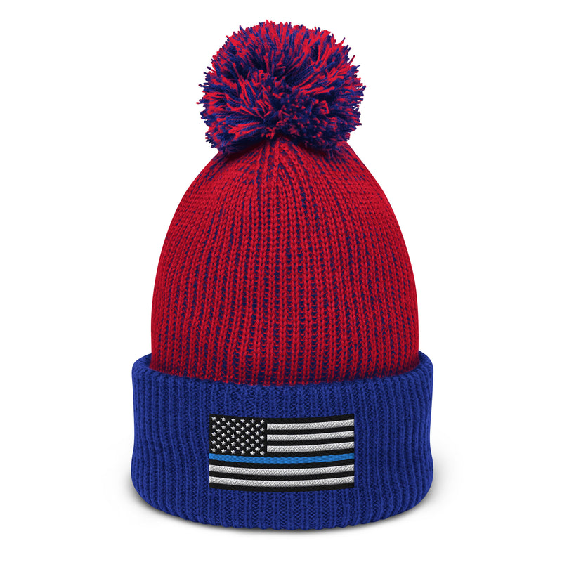 Pom-Pom Beanie - Thin Blue Line Flag (Embroidered Flag)