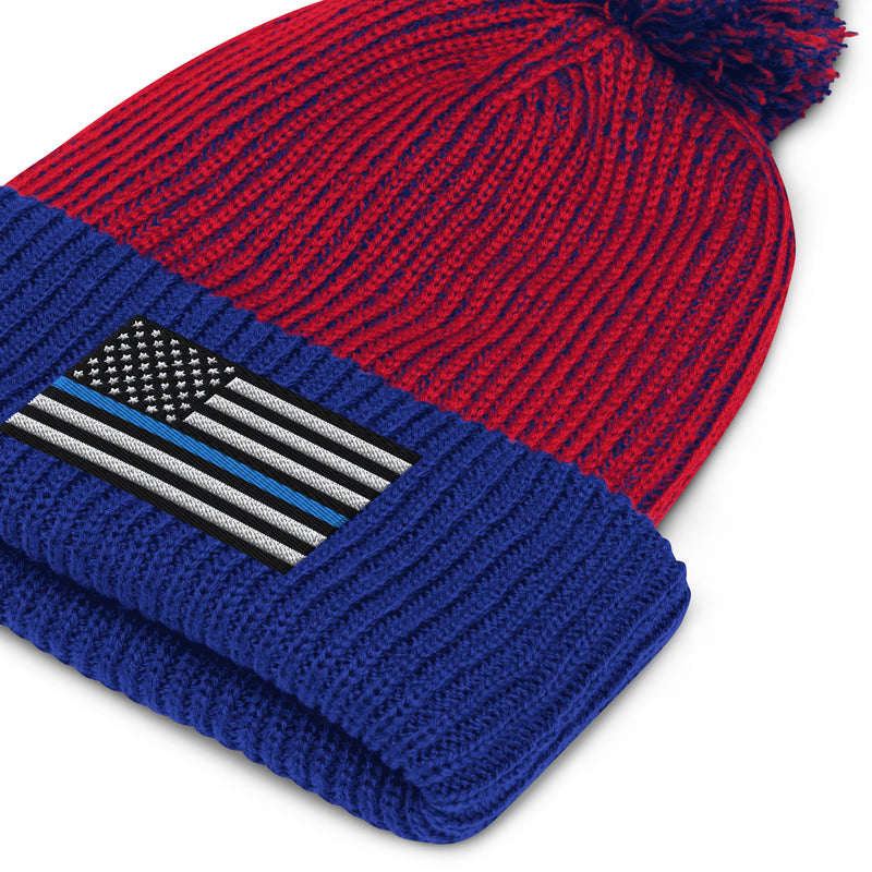 Pom-Pom Beanie - Thin Blue Line Flag (Embroidered Flag)