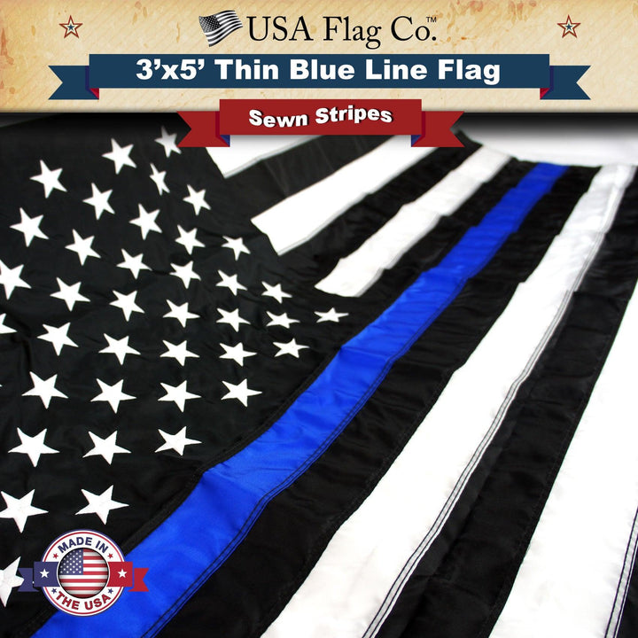 Thin Blue Line American Flag (3x5 foot) Embroidered Stars & Sewn Stripes - USA Flag Co.