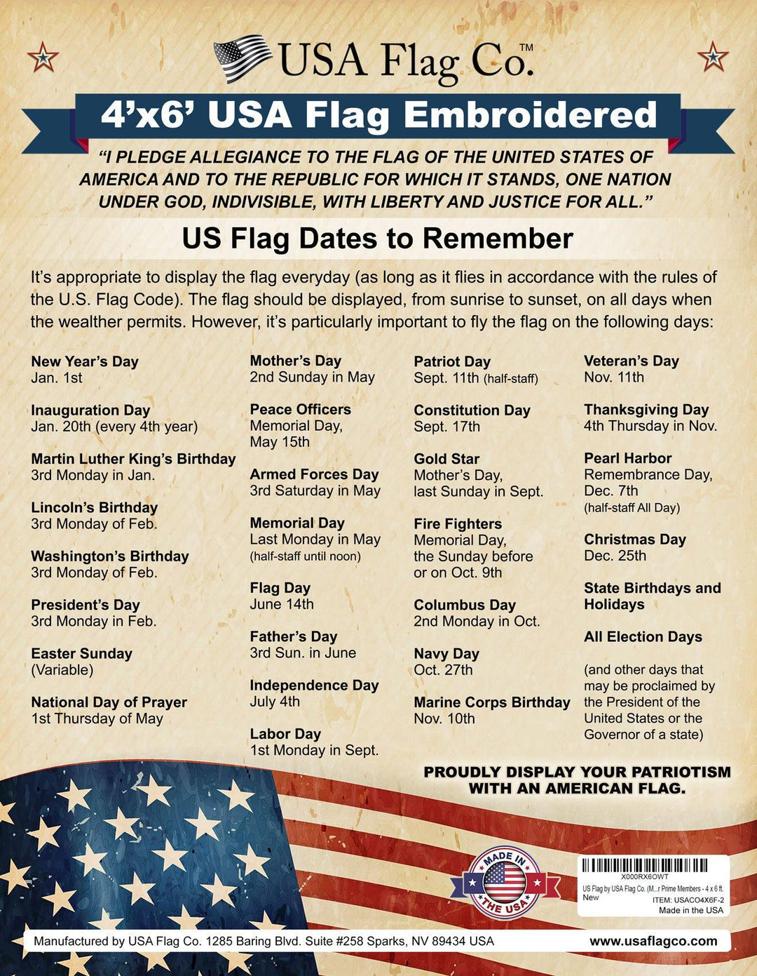 US Flag (4x6 foot) Embroidered Stars & Sewn Stripes - USA Flag Co.